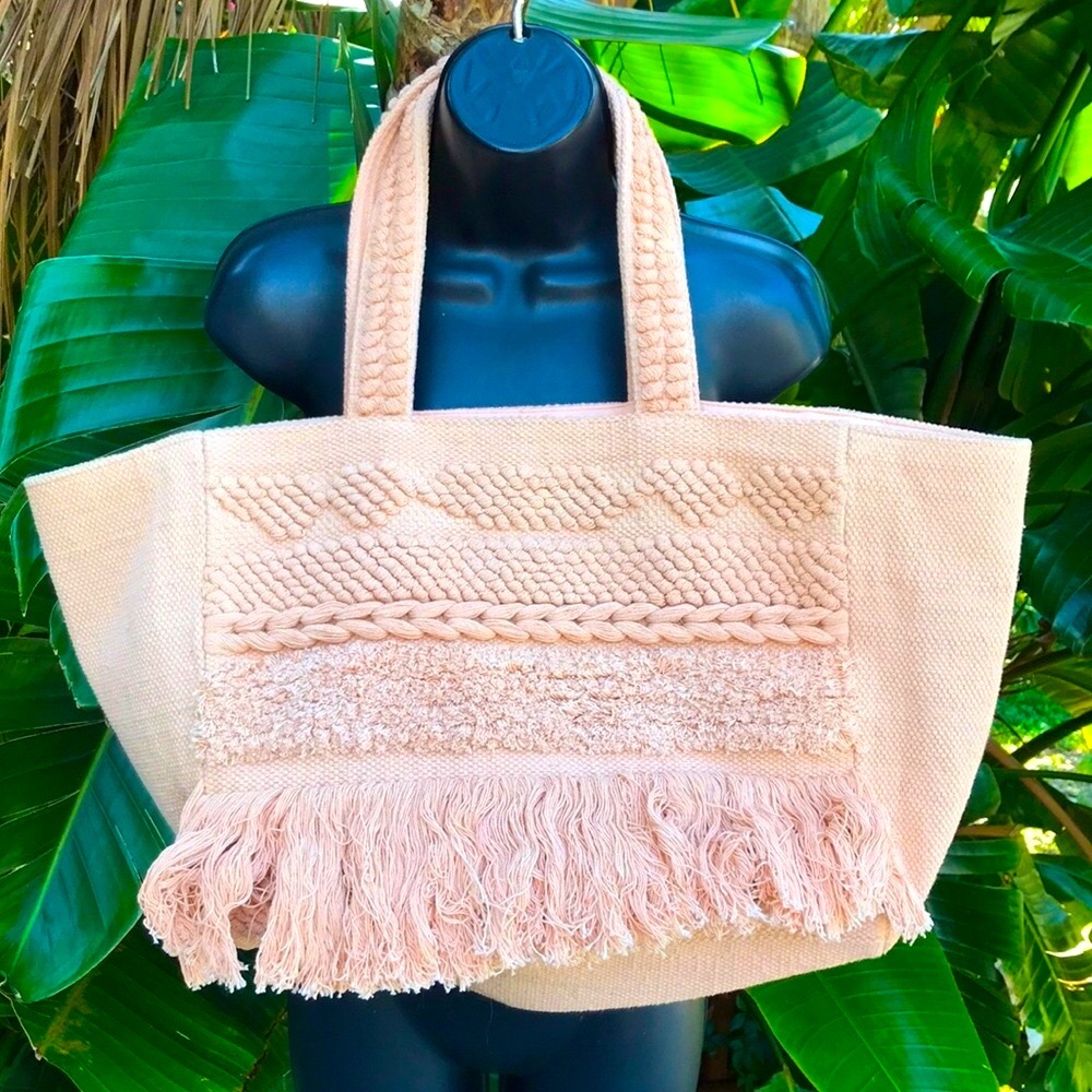 Crochet or macramé and fringe canvas beach bag.